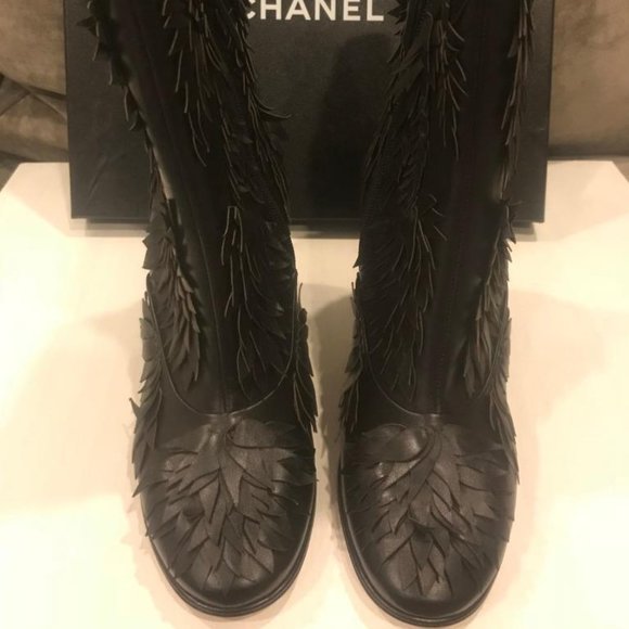 CHANEL 18C Leather Fringe Leaf Detail Ankle Boots Bootie Heels Shoes - Picture 3 of 12